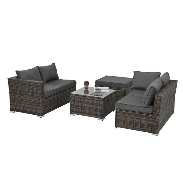 4Piece Patio Conversation Wicker Furniture Set，Sectional Sofa Set with Tempered Glass Coffee Table，Sofa Chair and Ottoman Sets