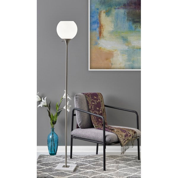 Fiona Torchiere Floor Lamp in a Brushed Steel Finish and White Marble Base