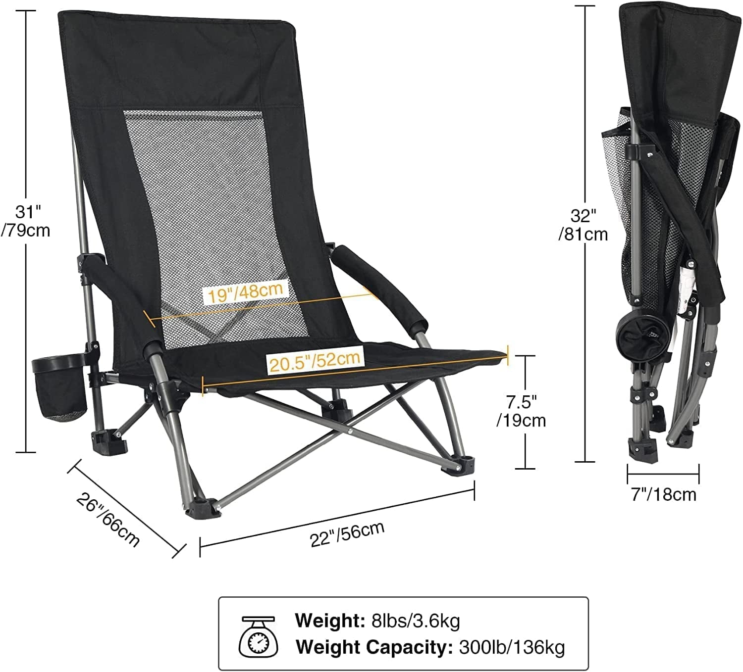 REDCAMP Folding Beach Chair High Back for Adults, Lightweight Low Sand Chair Portable for Camping Lawn Travel, Black-2 pack