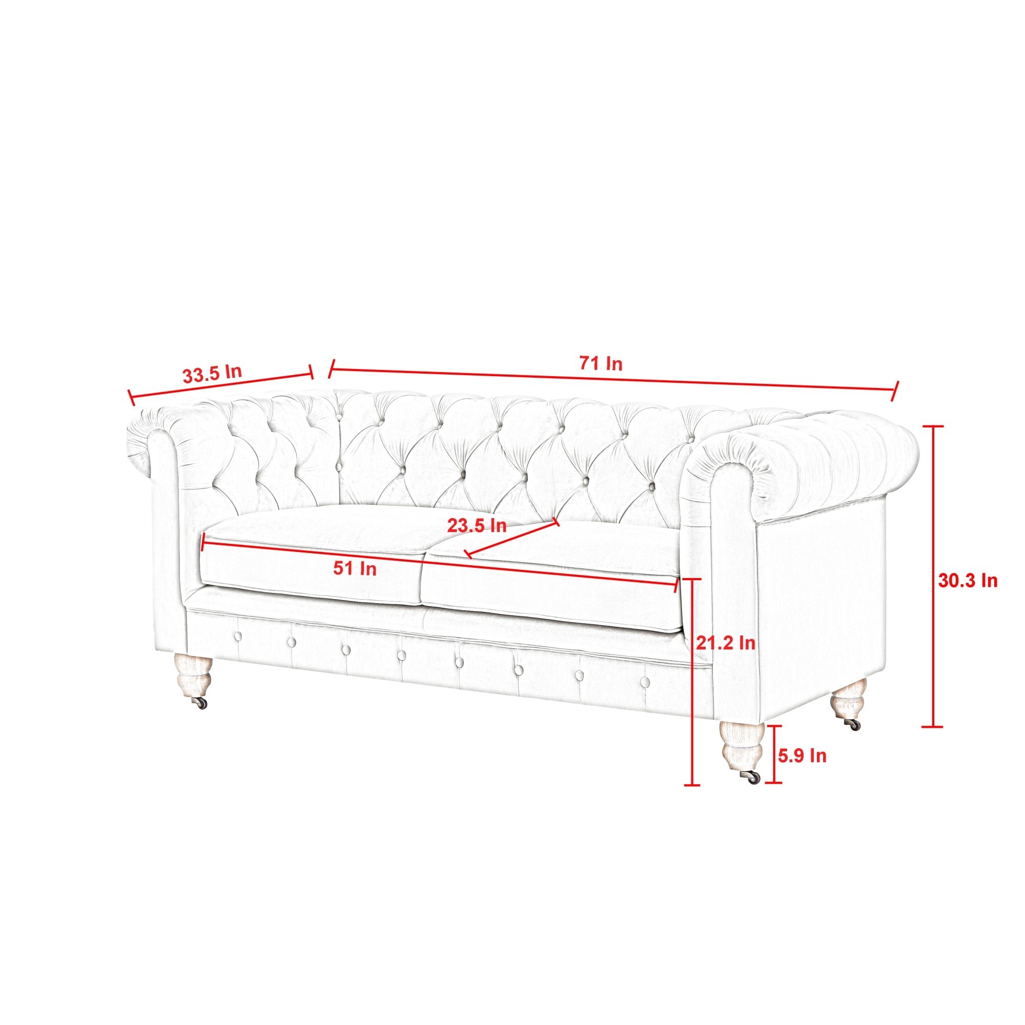 Shabby Chic Audriana Button Tufted Loveseat Linen Sofa With Casters, Cream White 71 x 33.5 x 30.4