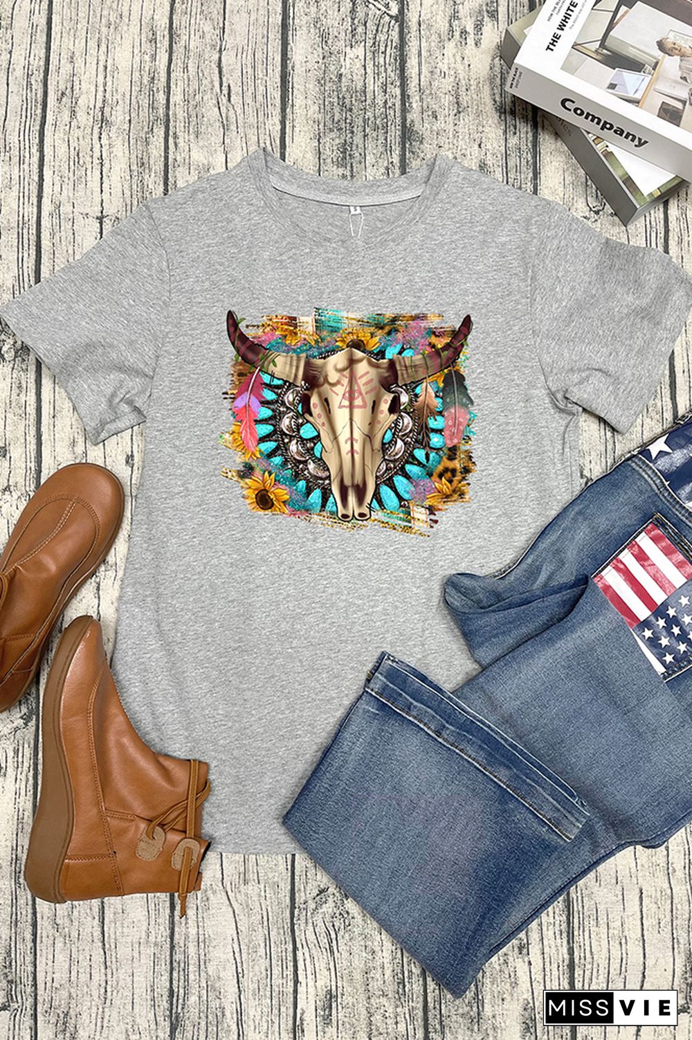 Western Boho Skull Pngturquoise And Leopard Short Sleeve Graphic Tee Wholesale