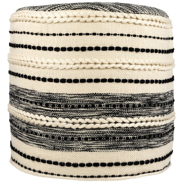 Striped Cream And Black Outdoor Woven Pouf Ottoman