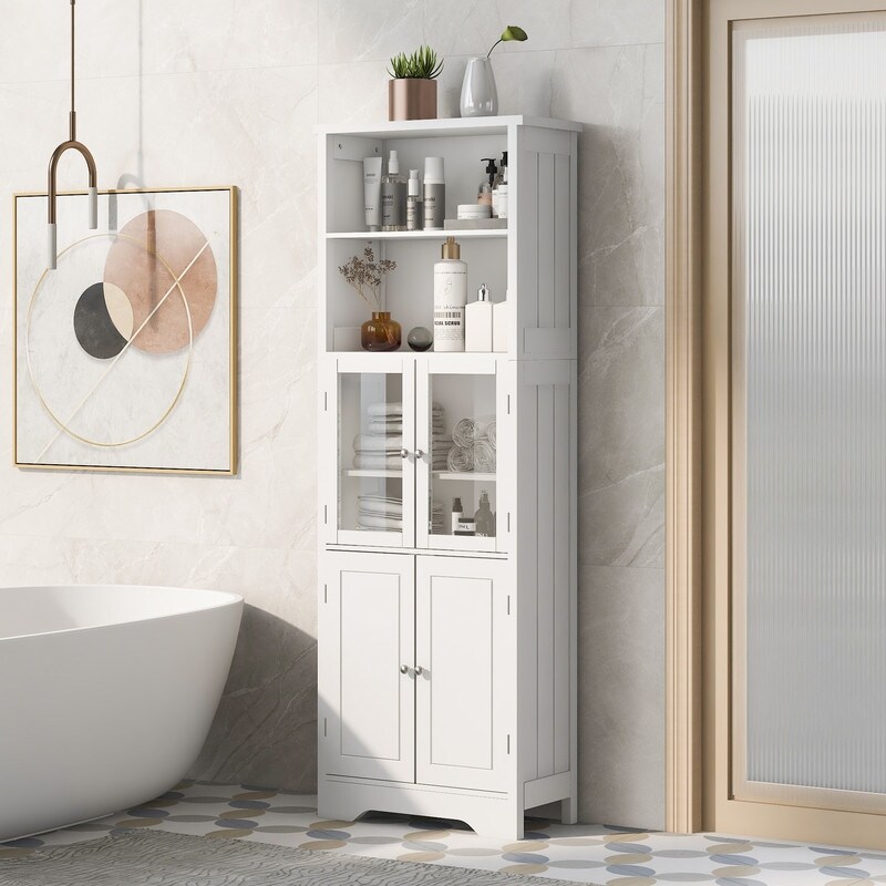 Wooden Freestanding Tower Cabinet Tall Bathroom Storage with Shelves and Doors