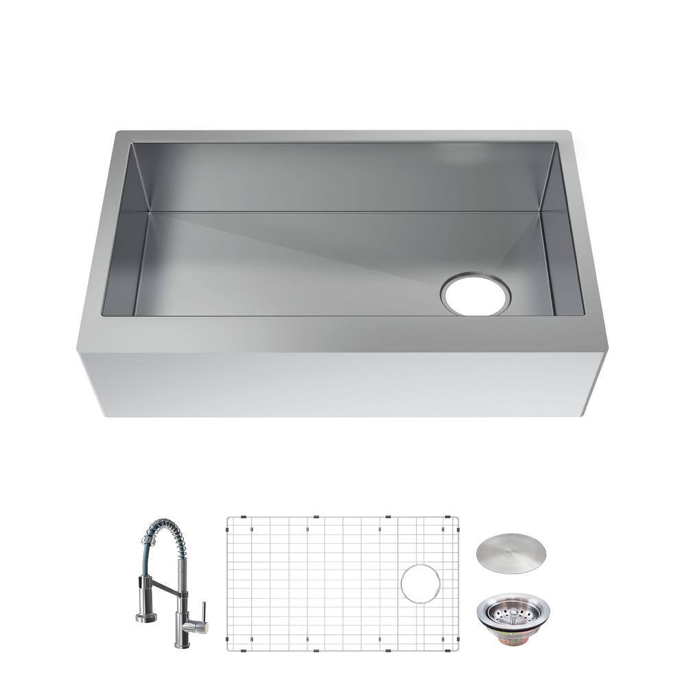 Glacier Bay Professional 33 in All-in-One FarmhouseApron-Front 16G Stainless Steel Single Bowl Kitchen Sink with Spring Neck Faucet FSUZAS3321B1SA1