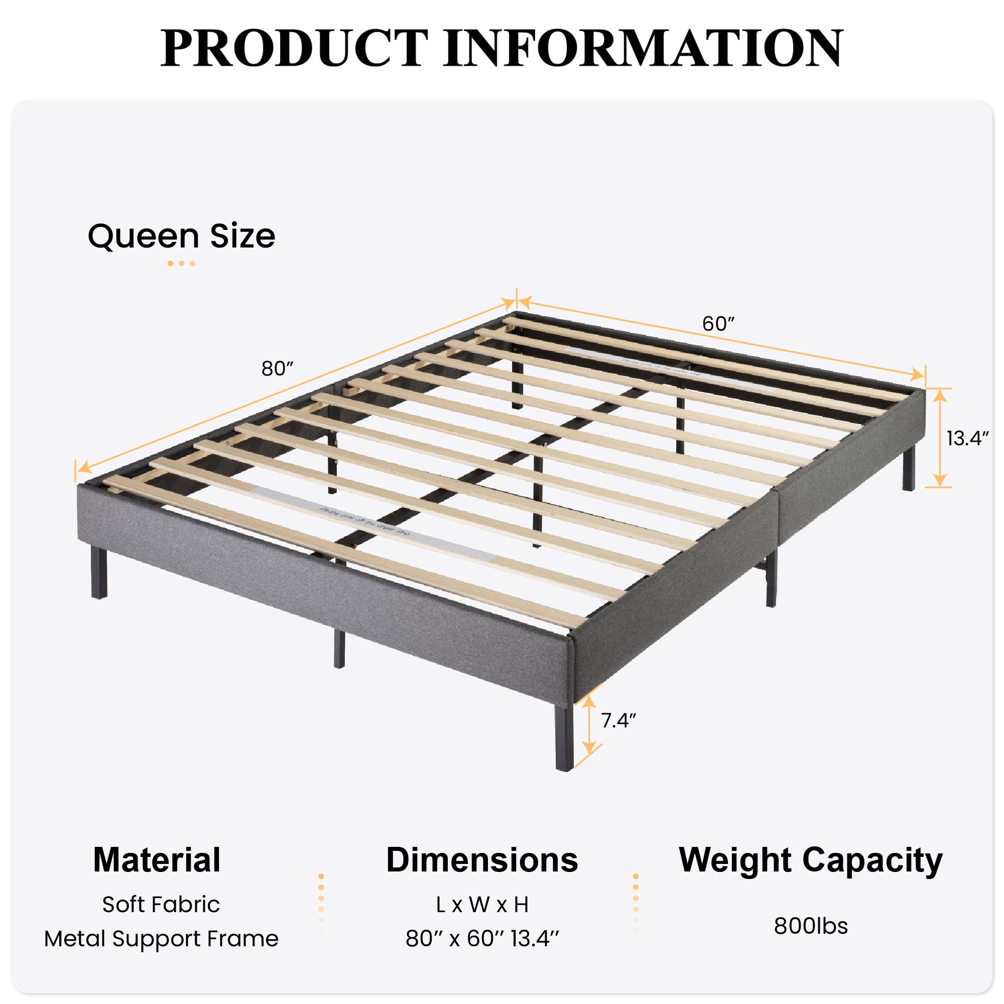 SHA CERLIN Queen Size Upholstered Platform Bed Frame with Straight Wooden Slats Support, Dark Grey