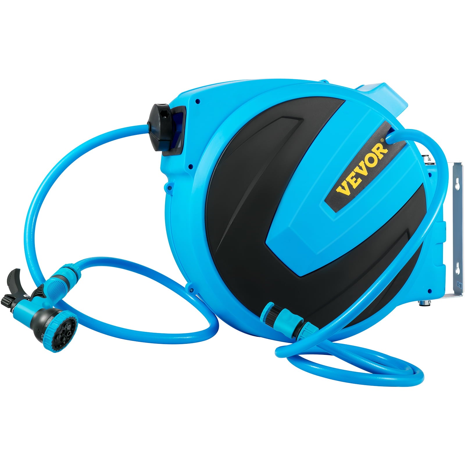 VEVOR Retractable Hose Reel， 1/2 inch x 100 ft， Any Length Lock and Automatic Rewind Water Hose， Wall Mounted Garden Hose Reel With 180° Swivel Bracket and 8 Pattern Hose Nozzle， Blue