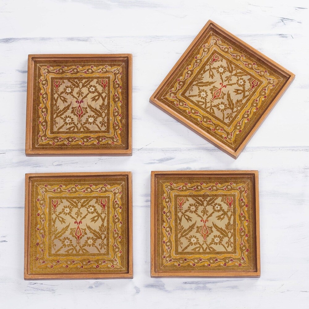 NOVICA Artisan Handblown Reverse Painted Glass Coasters Floral Goldtone Wood Peru Tableware 'Colonial Gold'(Set of 4)