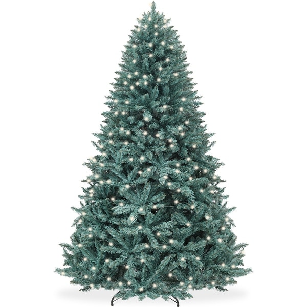 7.5ft PreLit Blue Spruce Christmas Tree，Artificial Full Hinged Decor，Holiday Decoration w/ 420 Warm White Lights，1，384 Tips