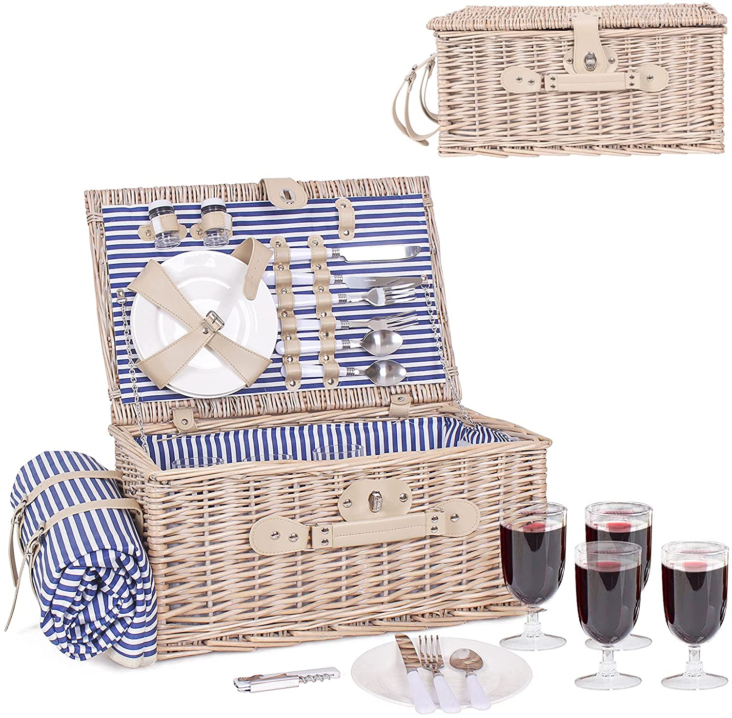 Picnic Basket for 4 Persons， Wicker Picnic Hamper Set with Waterproof Picnic Blanket， Cutlery Service Kit for Camping， Outdoor， Chirtmas， Thanks Giving， Birthday