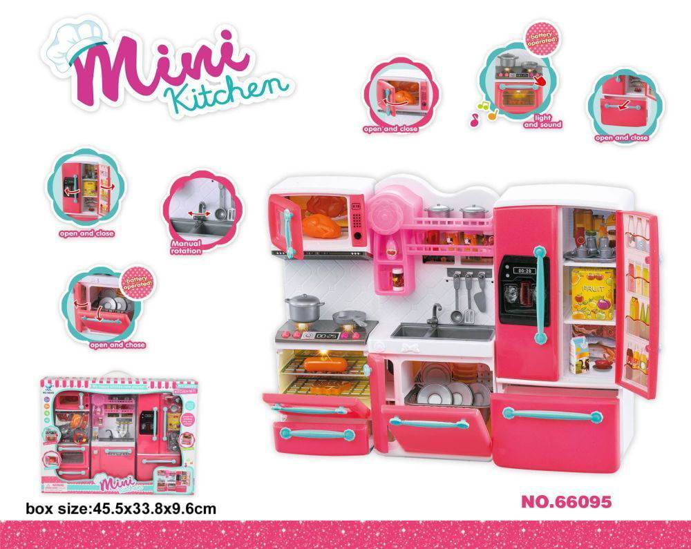 GIRL FUN TOYS Pink Happy Kitchen Play Set Barbie Compatible Refrigerator, Stove Sink