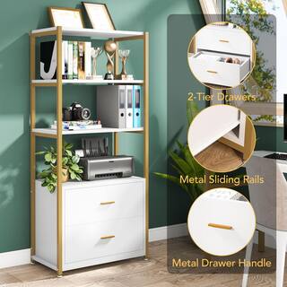 TRIBESIGNS WAY TO ORIGIN Kaduna 23.6 in. Wide White and Gold 4-Shelf Etagere Bookcase with 2-Drawers HD-F1568-WZZ