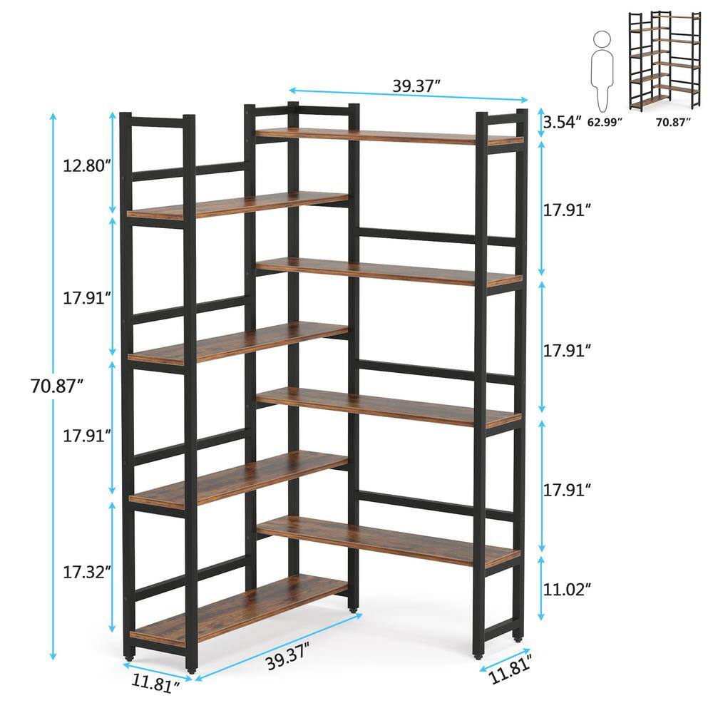 BYBLIGHT Eulas 70.8 in. Rustic Brown 8 shelf Industrial L-Shaped Corner Bookcase with Open Back for Home Office BB-K0067XL