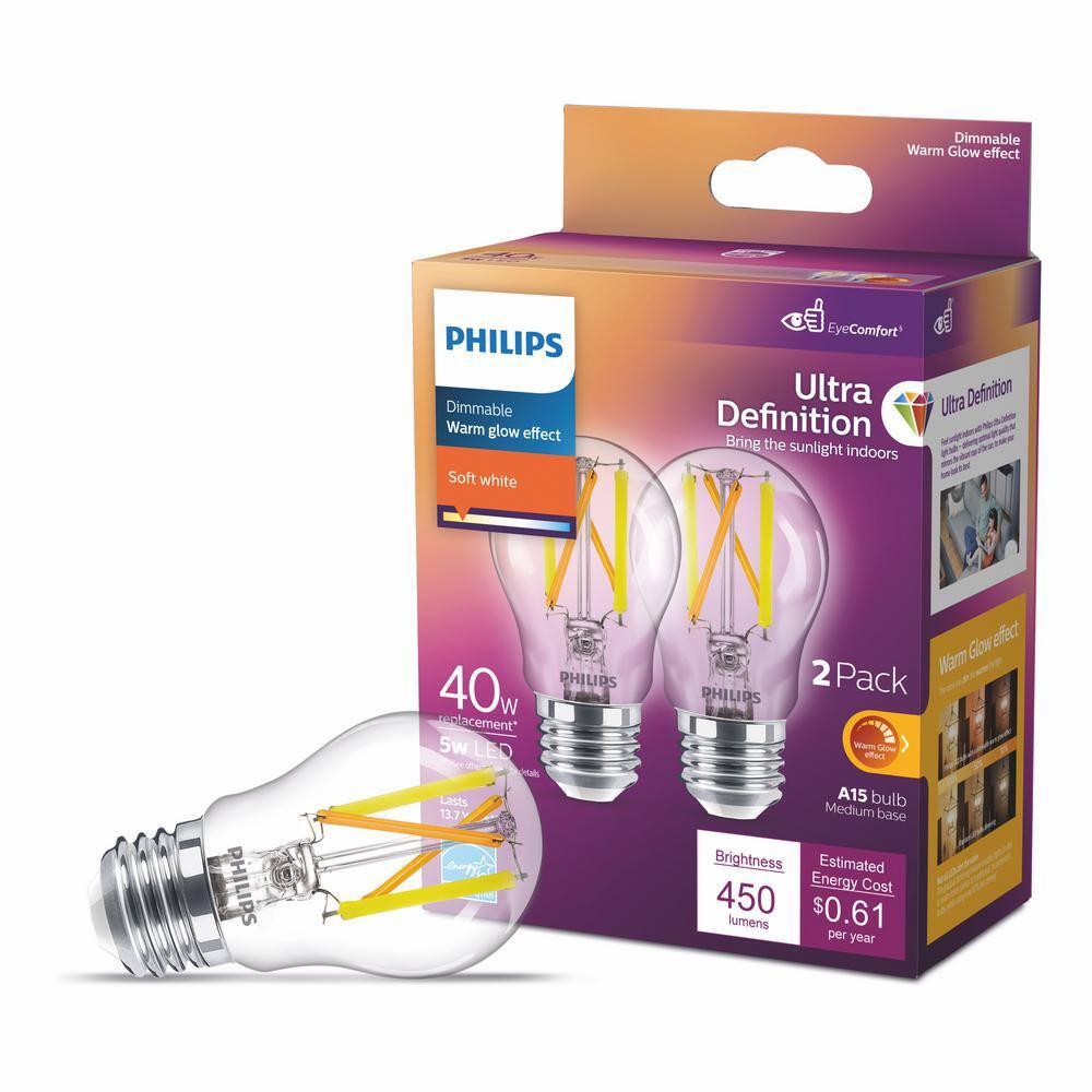 Philips 40-Watt Equivalent A15 Ultra Definition Dimmable Clear Glass E26 LED Light Bulb Soft White with Warm Glow 2700K (2-Pack) 564385