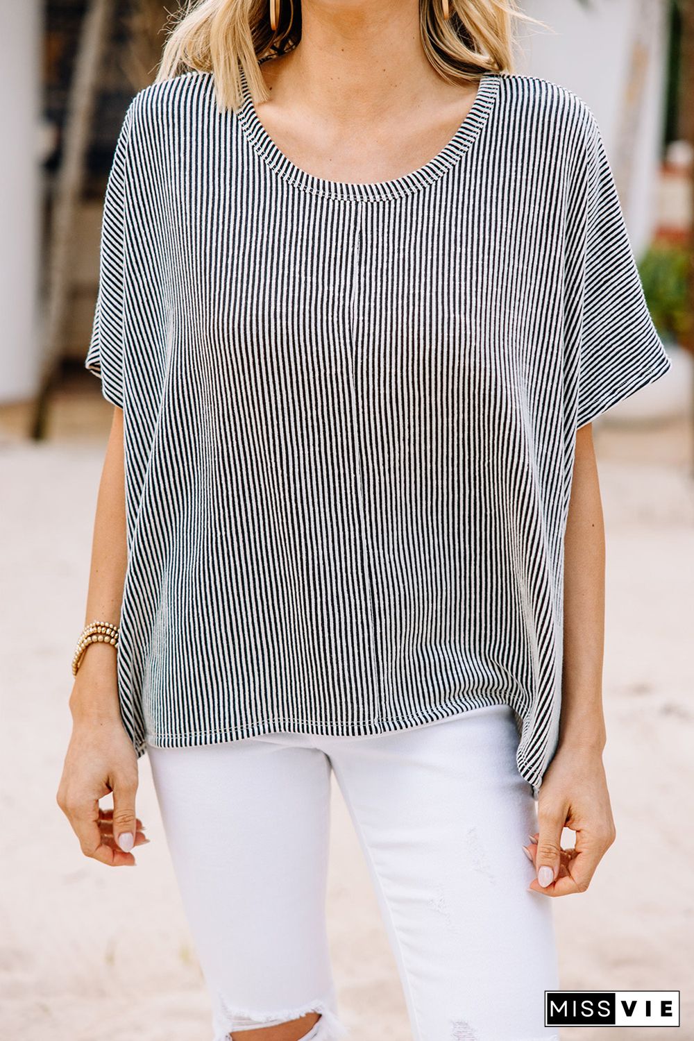 Gray Ribbed Knit Round Neck Relaxed Tee