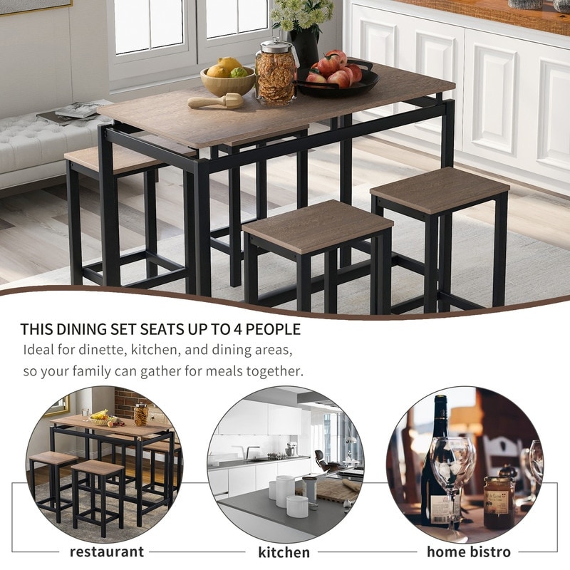 Industrial 5 Piece Kitchen Counter Height Table Set with Foot Pads  Metal Frame Dining Table with 4 Chairs