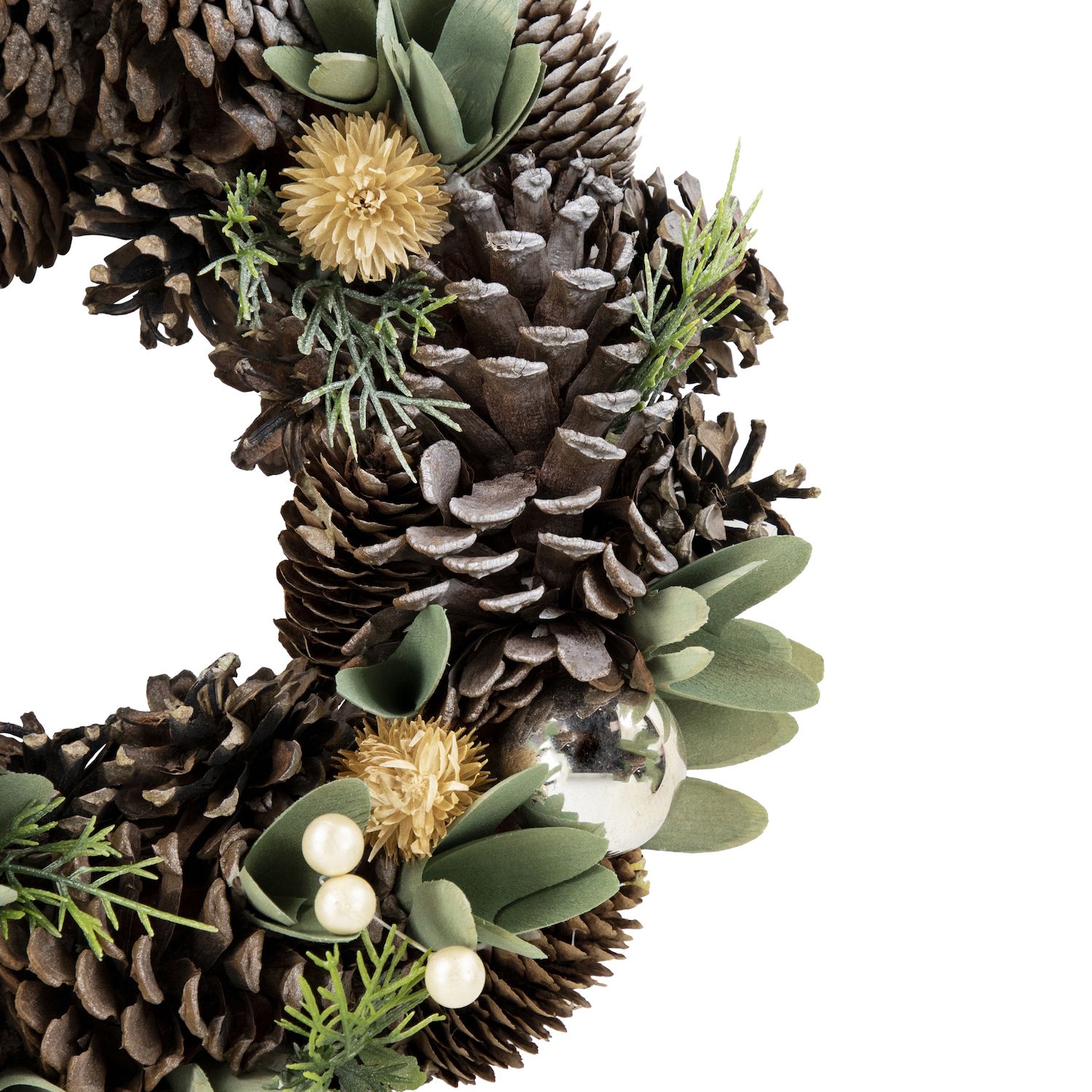 Northlight Silver and Green Mixed Foliage and Pinecone Christmas Wreath 13.5-in. Unlit