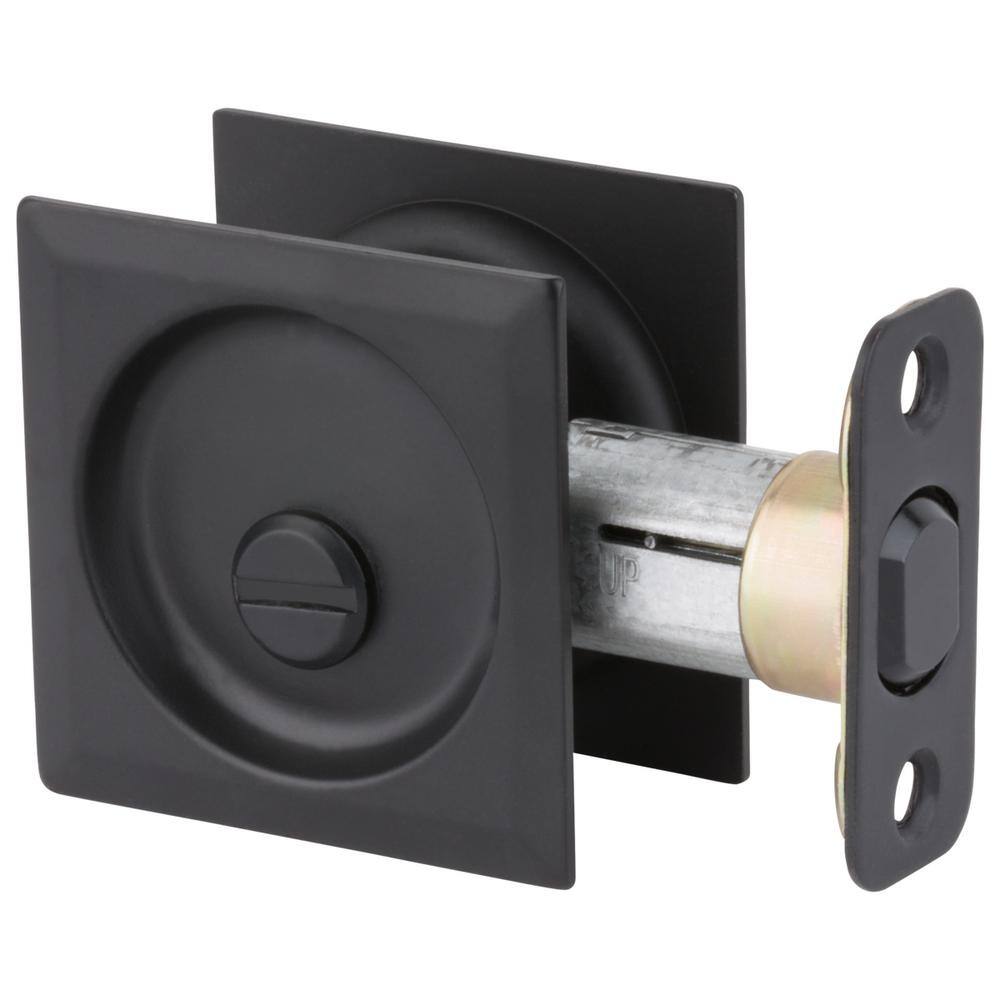 Kwikset Matte Black Square BedBath Pocket Door Lock with Lock 335514SQTPCKTDR