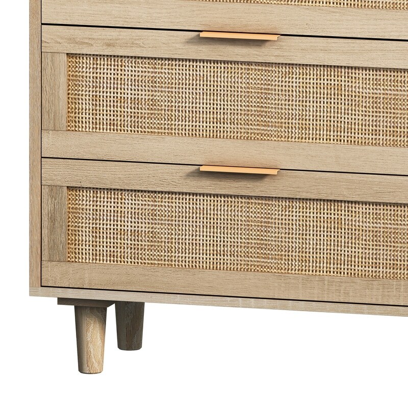 6 Drawer Dresser  Modern Rattan Dresser Chest with Wide Drawers  Farmhouse Storage Chest of Drawers for Bedroom  Living Room