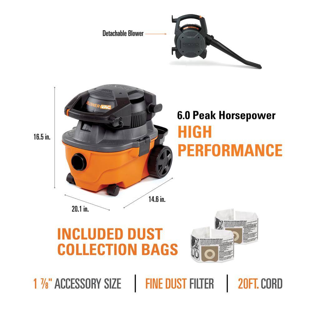 RIDGID 4 Gallon 6.0 Peak HP WetDry Shop Vacuum with Detachable Blower Fine Dust Filter Two Dust Bags Hose and Accessories WD4080B