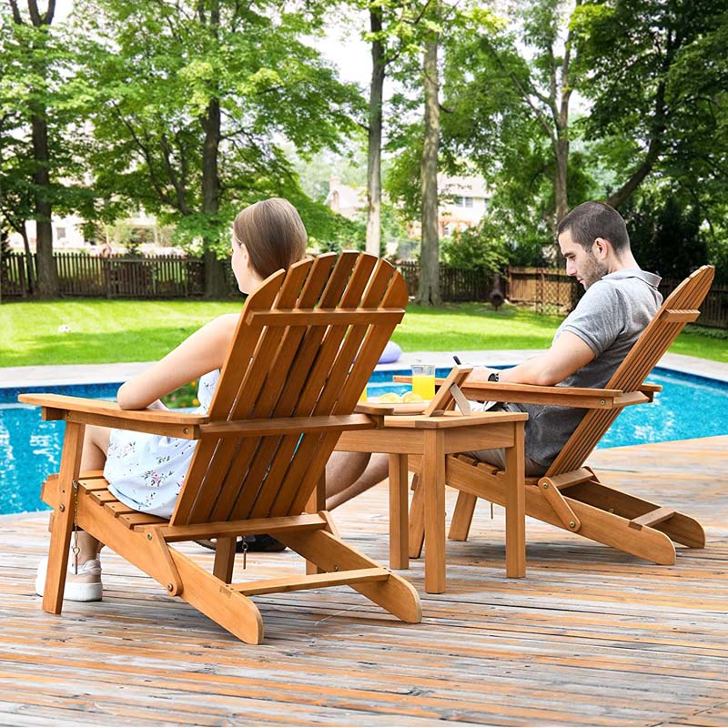 3 Pcs Slatted Design Wooden Adirondack Chair Set with Side Table & 2 Folding Lounger Chairs