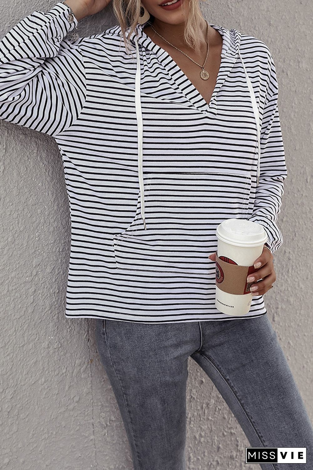 Stripes V Neck Front Pocket Drawstring Hoodies Wholesale