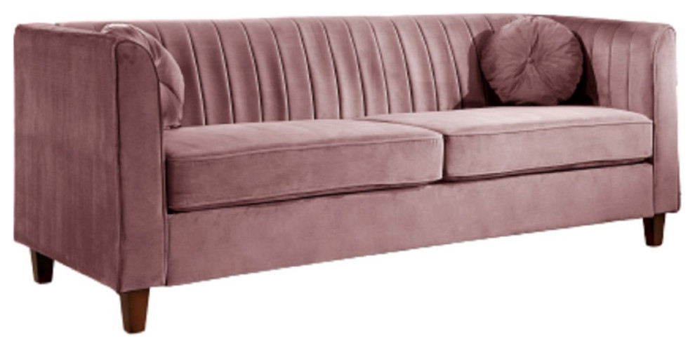 Elegant Sofa  Padded Velvet Seat  ampChannel Tufted Back With Throw Pillows   Contemporary   Sofas   by Decorn  Houzz