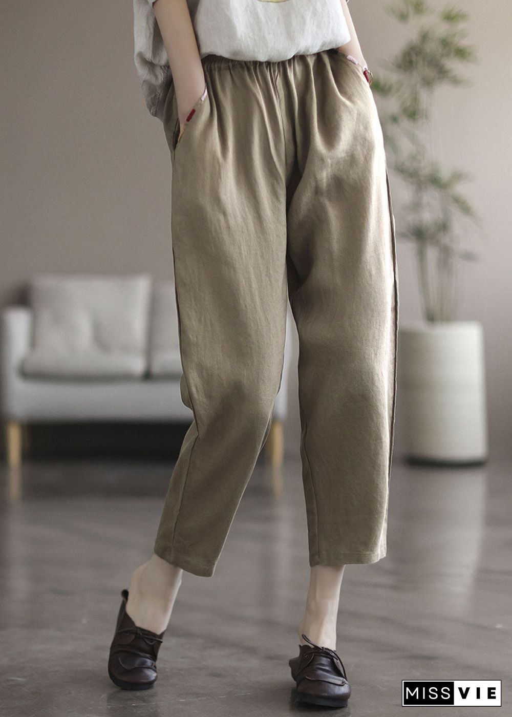 Khaki Pockets Linen Harem Pants High Waist Summer