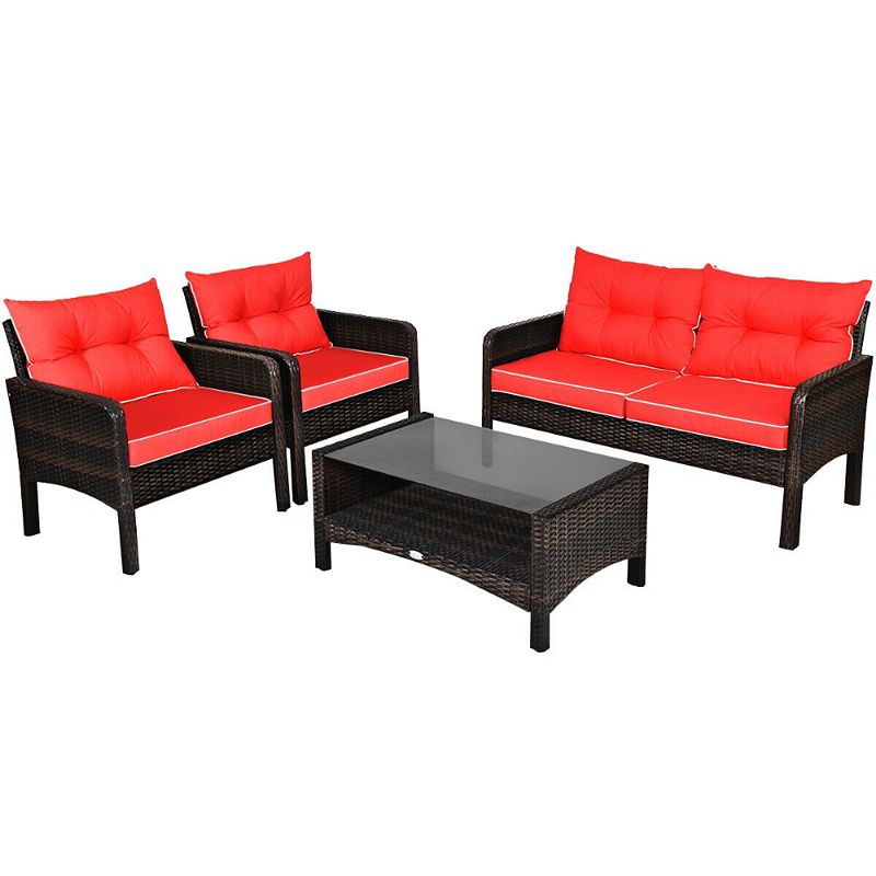 4 Pieces Outdoor Rattan Wicker Loveseat Furniture Set with Cushions