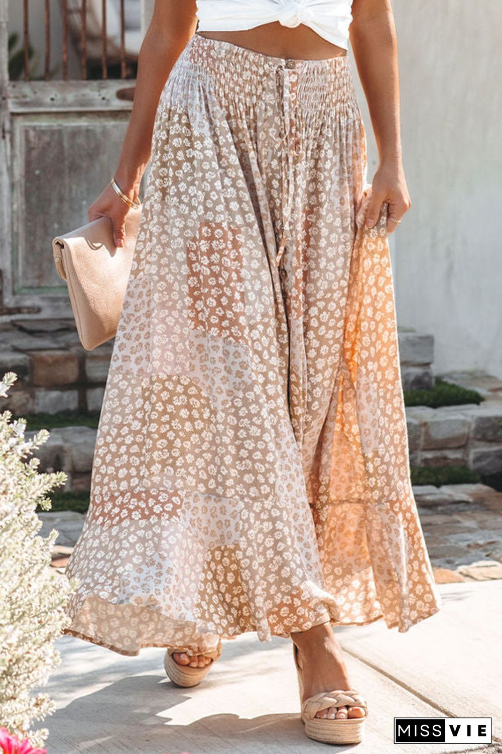 Apricot Boho Flower Print Smocked Waist Button Slit Maxi Skirt