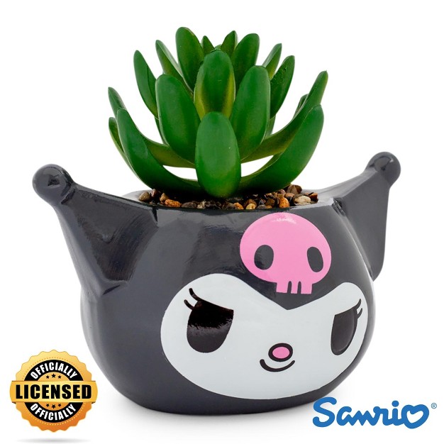 Silver Buffalo Sanrio Kuromi Smiling Head 3 inch Ceramic Mini Planter With Artificial Succulent