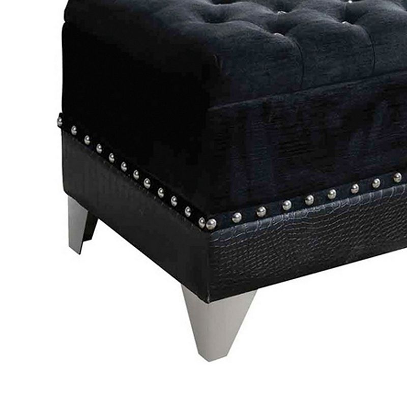 Leatherette Storage Bench with Nailhead Trims and Button Tufted Seat， Black