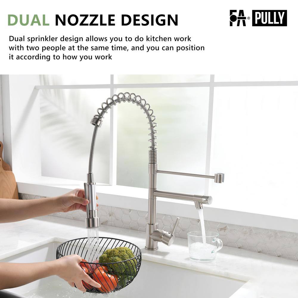 Fapully Commercial Single Handle Pull Down Sprayer Kitchen Faucet in Brushed Nickel Stainless Steel Spring Kitchen Sink Faucet DFA-1007N