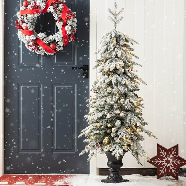 Glitzhome 4FT/5FT PreLit Flocked Fir Artificial Christmas Potted Porch Trees