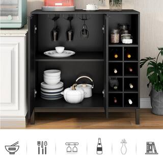 33.86 in. W x 14.17 in. D x 34.65 in. H Black MDF Ready to Assemble Floor Kitchen Cabinet with Wine Racks mnjtrmrcxrzzs15