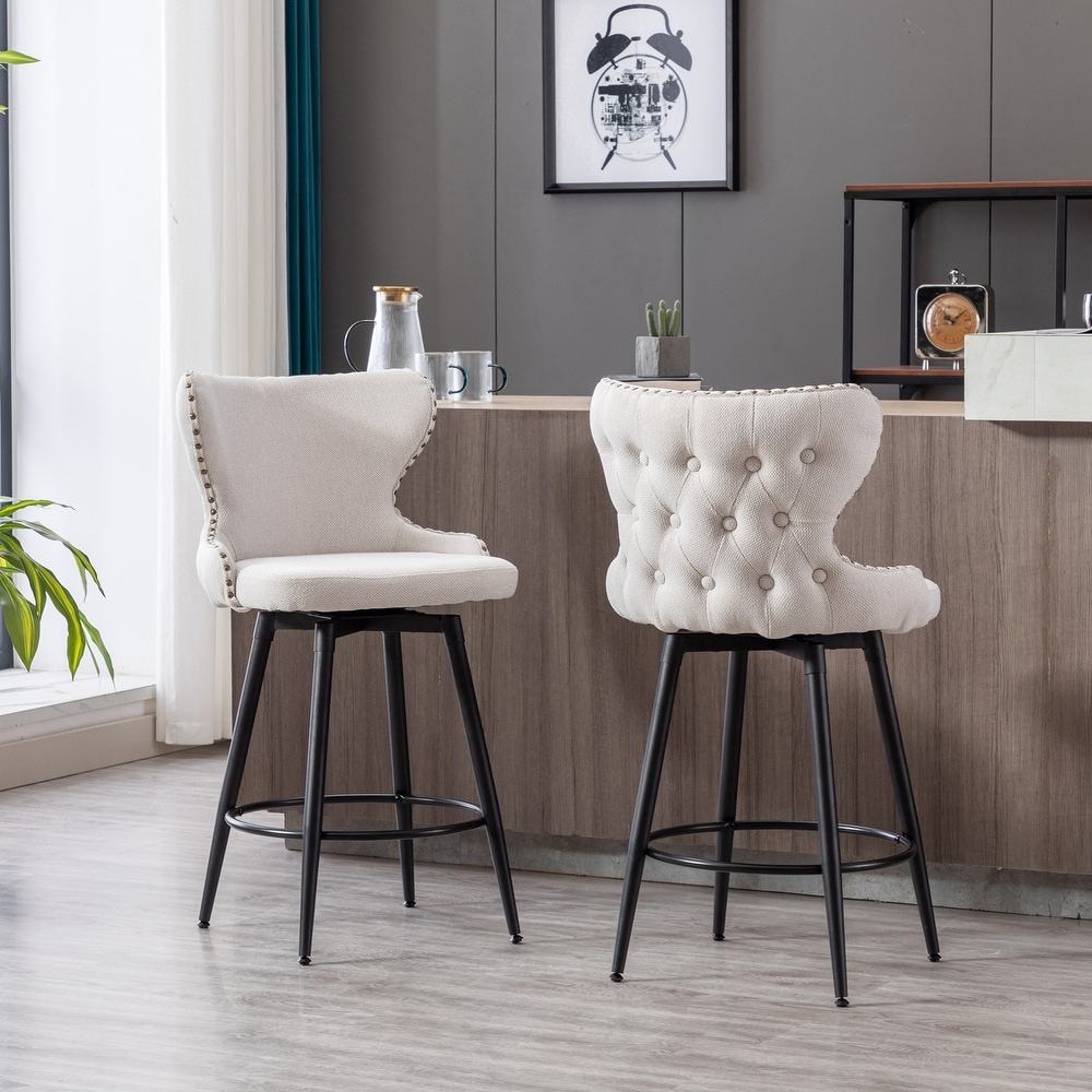 Modern Retro Leathaire Bar Stool 180 Swivel Bar Chair for Kitchen Tufted Gold Nailhead Trim and Metal Legs (Set of 2)  Beige