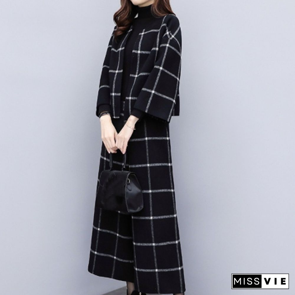 Autumn Winter Black Woolen Plaid Two Piece Sets Outfits Women Short Jacket Coat Wide Leg Pants Suits Elegant Fashion Office Sets