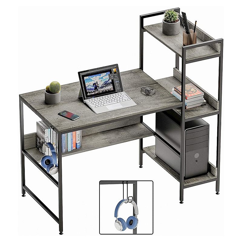 Bestier Computer Office Desk Workstation with Side Storage Shelves and Hook， Grey