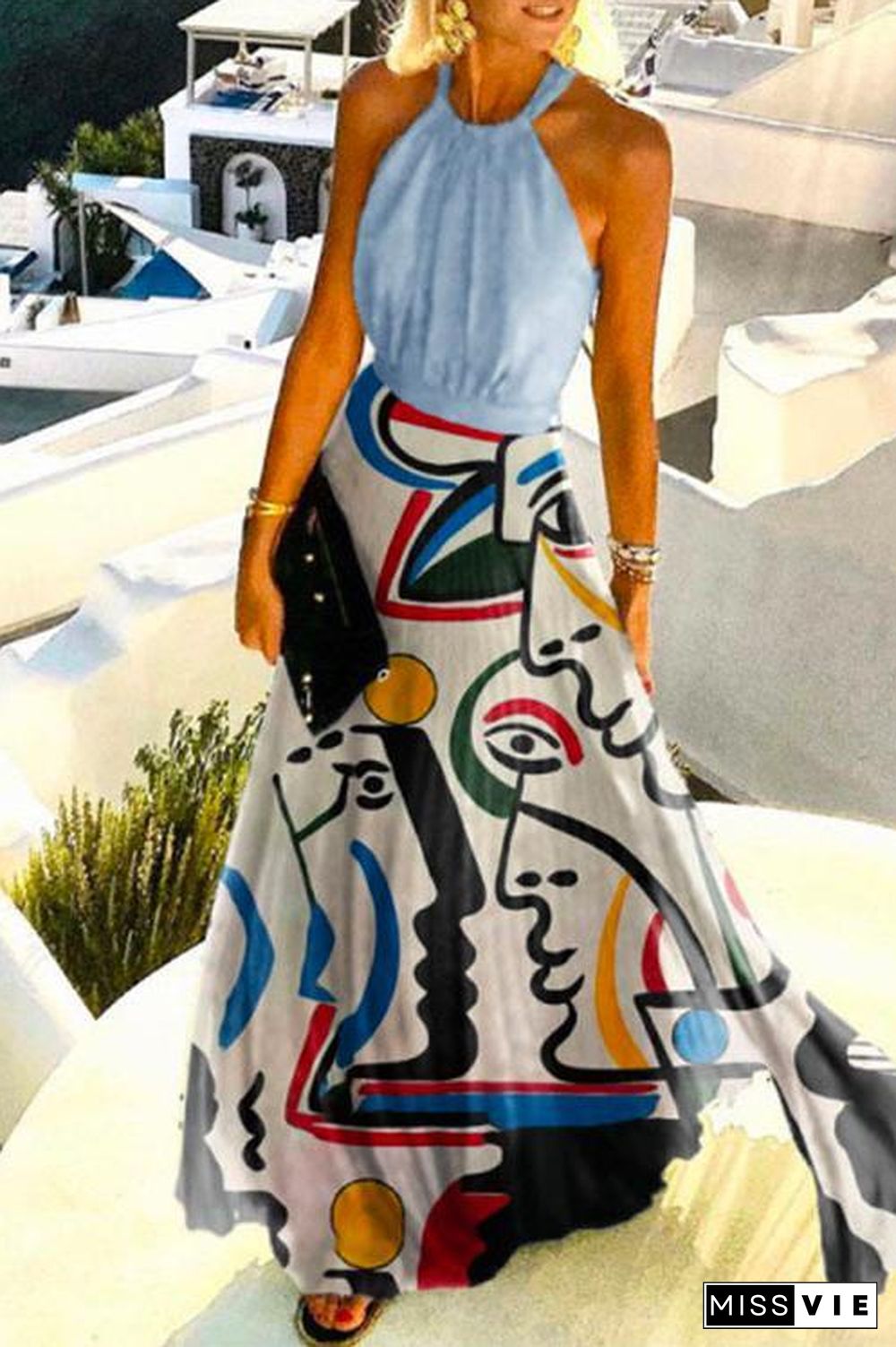 Sleeveless Halter Abstract Printed Pleated Maxi Dress