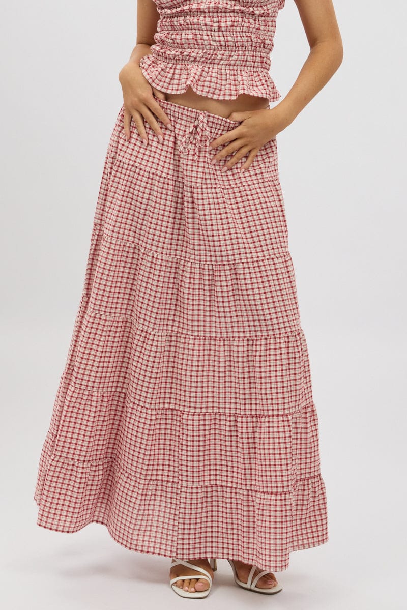 Red Check Maxi Skirt Tiered High Rise