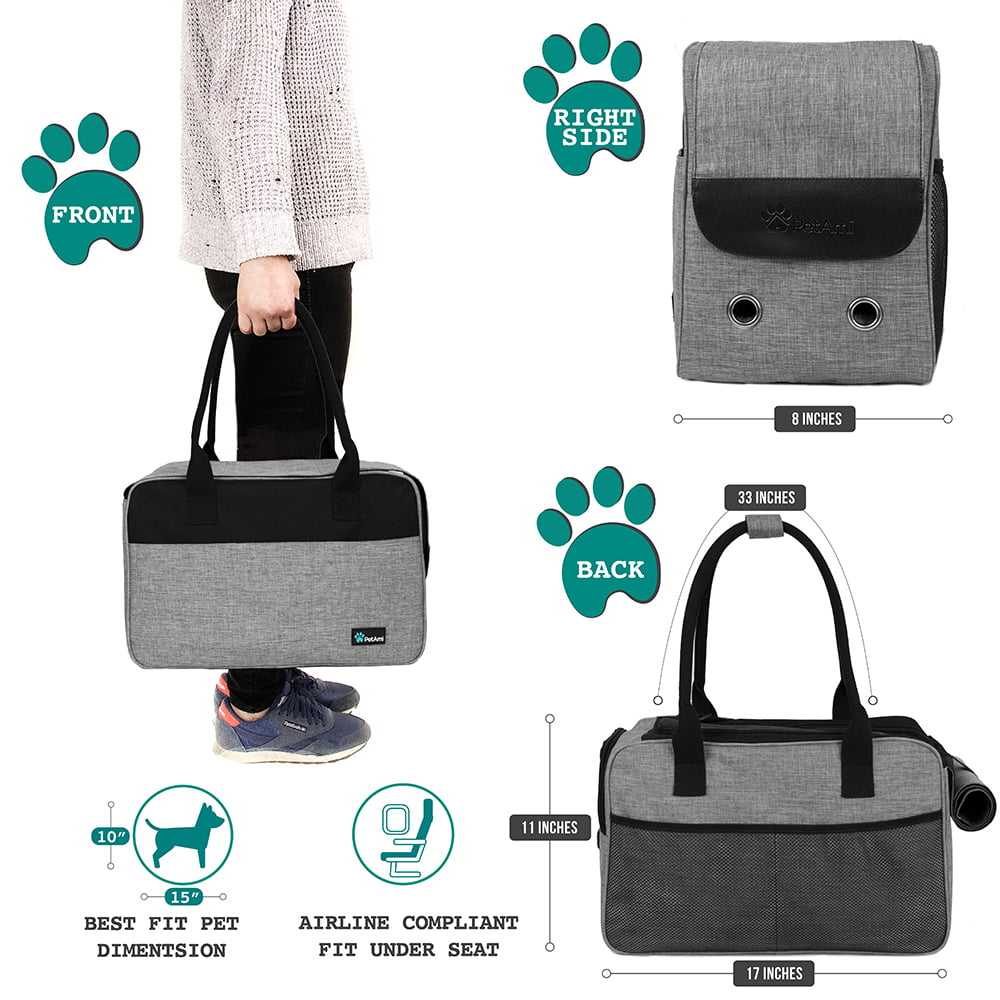 PetAmi Airline Approved Dog Purse Carrier | Soft-Sided Pet Carrier for Small Dog， Cat， Puppy， Kitten | Portable Stylish Pet Travel Handbag | Ventilated Breathable Mesh， Sherpa Bed (Heather Grey)