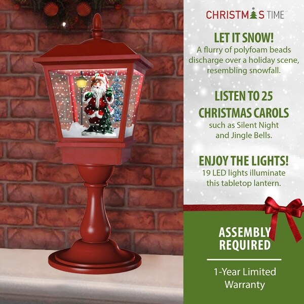 Christmas Time 25In. Tabletop Musical Snowy Lantern with Santa Scene，Cascading Snow，and Christmas Carols，Red