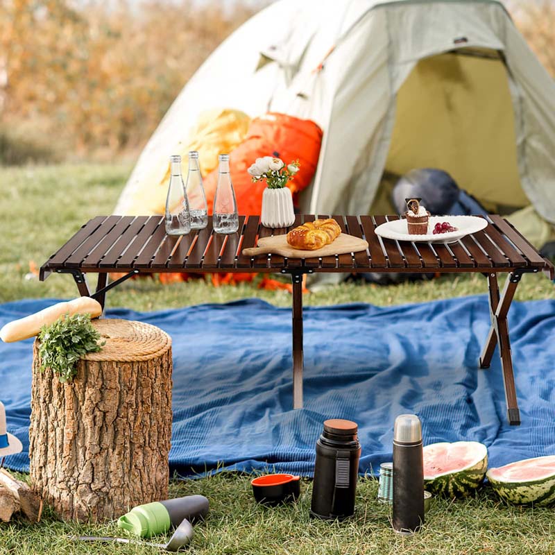 Folding Camping Table Portable Picnic Table with Carry Bag, Roll-up Bamboo Tabletop for BBQ Party Hiking