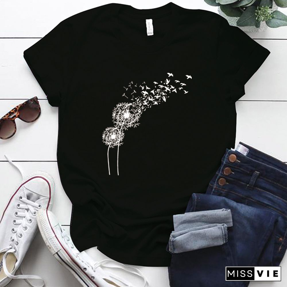 Harajuku Shirt Dandelion Printing Graphic Tees Women Street Style Short Sleeve O-Neck Cotton Woman Tshirts Tops Mulher Camisetas