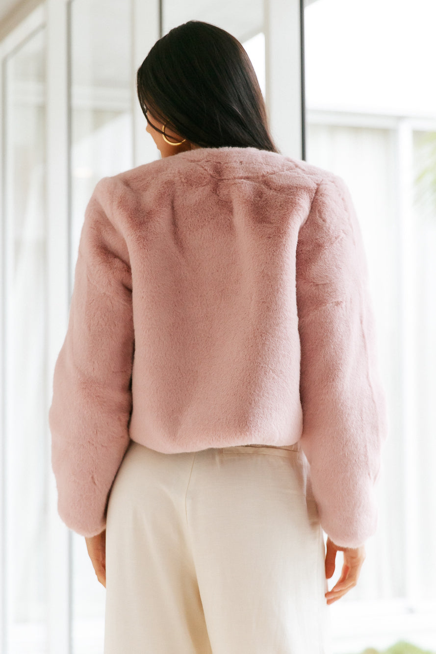 Deluxe Macaron Faux Fur Cropped Jacket Pink