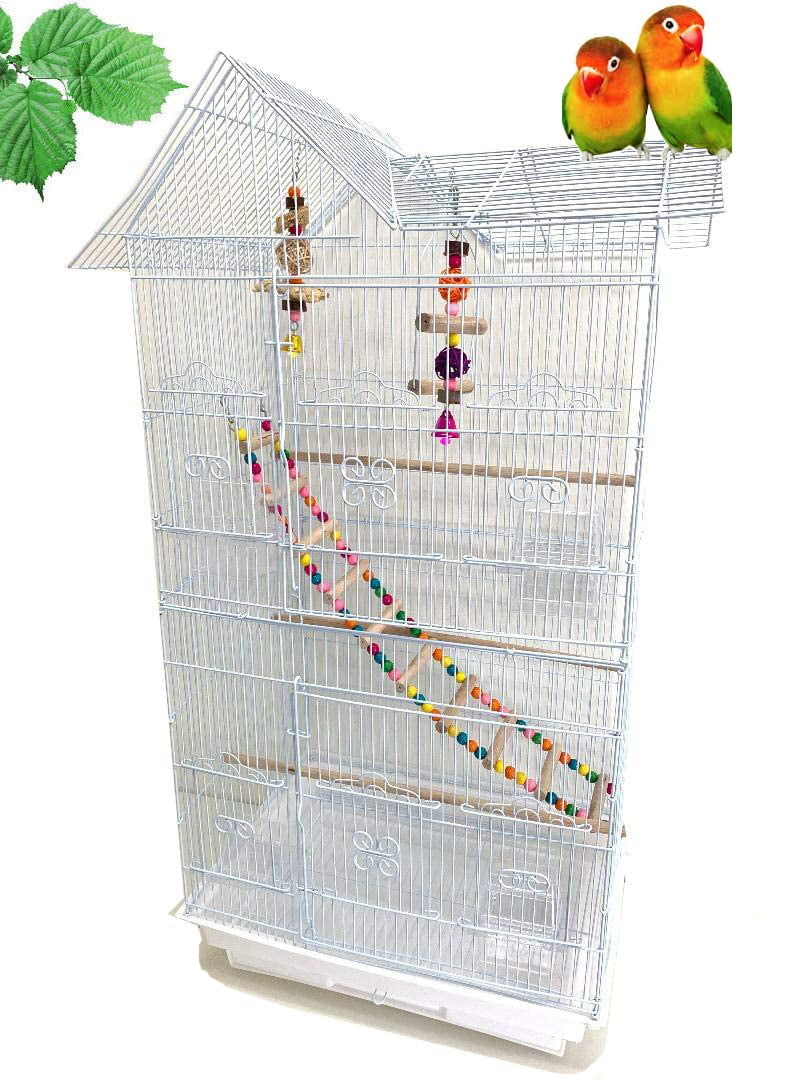 Large Double Roof Top Flight Bird Cage with Toys and Crossover Ladder for Cockatiels Sun Parakeets Green Cheek Conures Aviary Budgie Finch Lovebird Canary Pet Bird Travel Cage