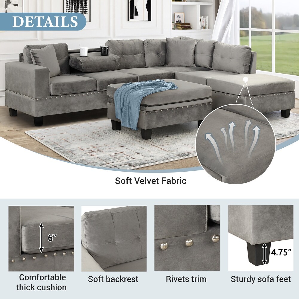 Modern Sectional Sofa with Storage Ottoman and Reversible Chaise L Shape Couch with Pillows and Cup Holder for Living Room  Gray