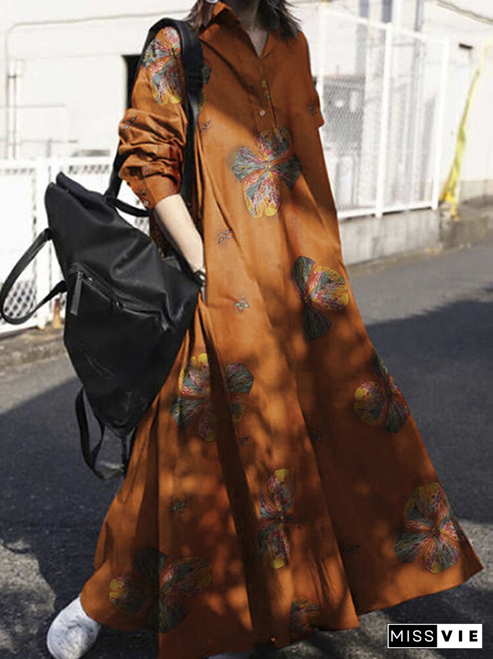 Vintage Floral Printed Big Swing Long Sleeve Pure Cotton Dress