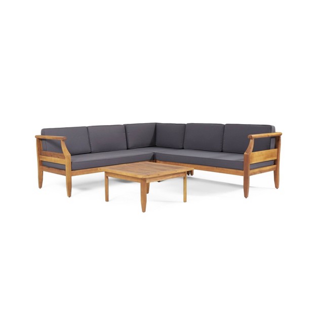 4pc Aston Outdoor Mid century Modern Acacia Wood Sectional Set With Cushions Teak dark Gray Christopher Knight Home