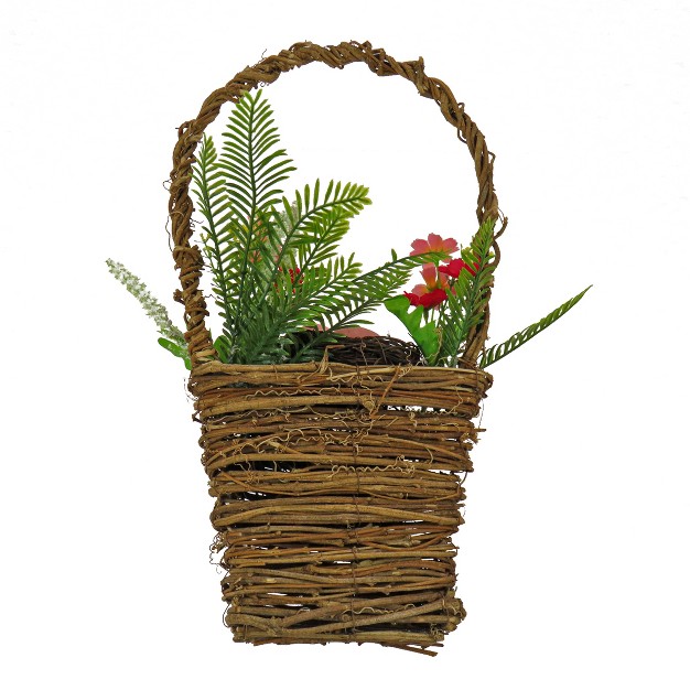 National Tree Company Artificial Woven Basket Decorated With Colorful Flower Blooms Leafy Greens Easter Collection 15 Inches