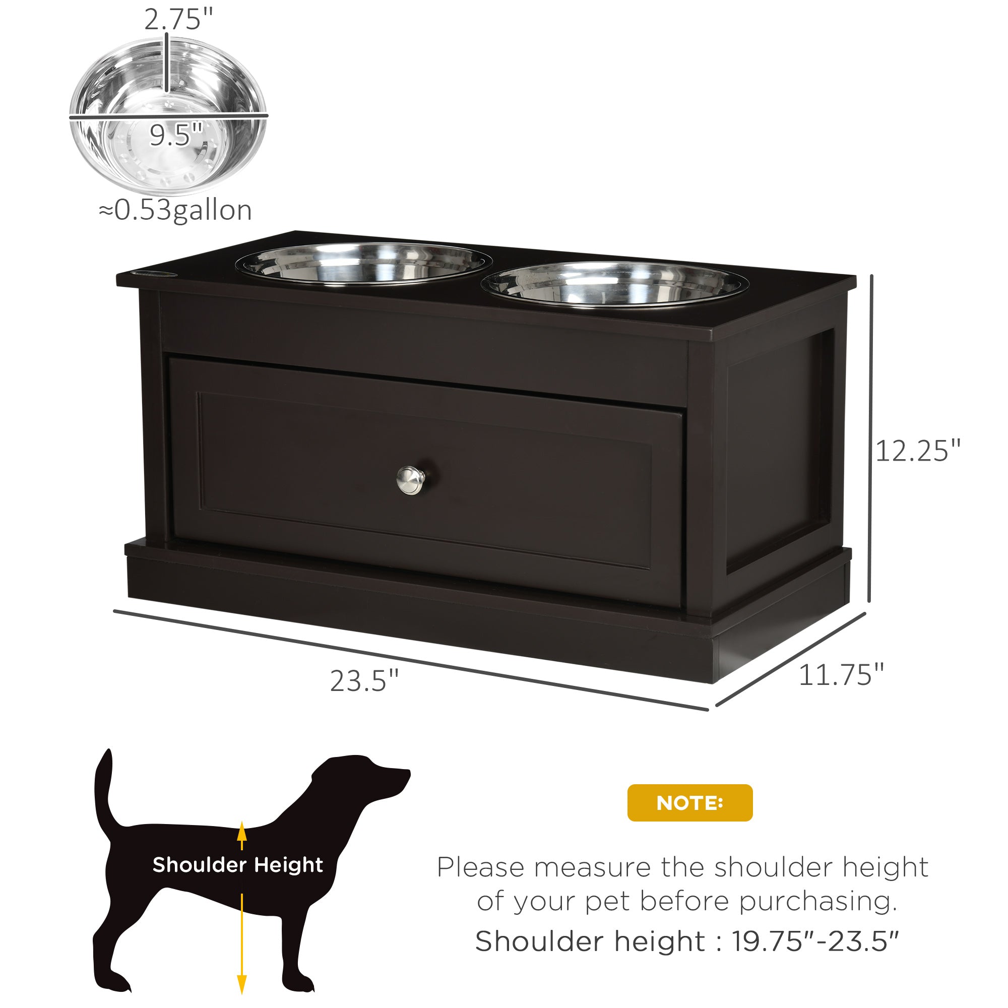 PawHut Large Elevated Dog Bowls with Storage Drawer Containing 11L Capacity, Raised Dog Bowl Stand Pet Food Bowl Dog Feeding Station, Brown